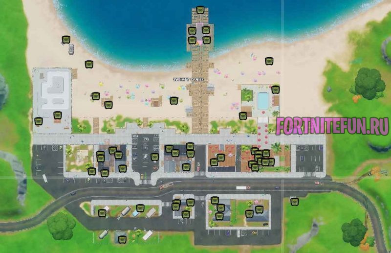 Карта ящиков с боеприпасами беспечный берег фортнайт